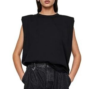 Meladyan | Black Solid Cotton Padded Shoulder Sleeveless Tee Vest Crew Neck